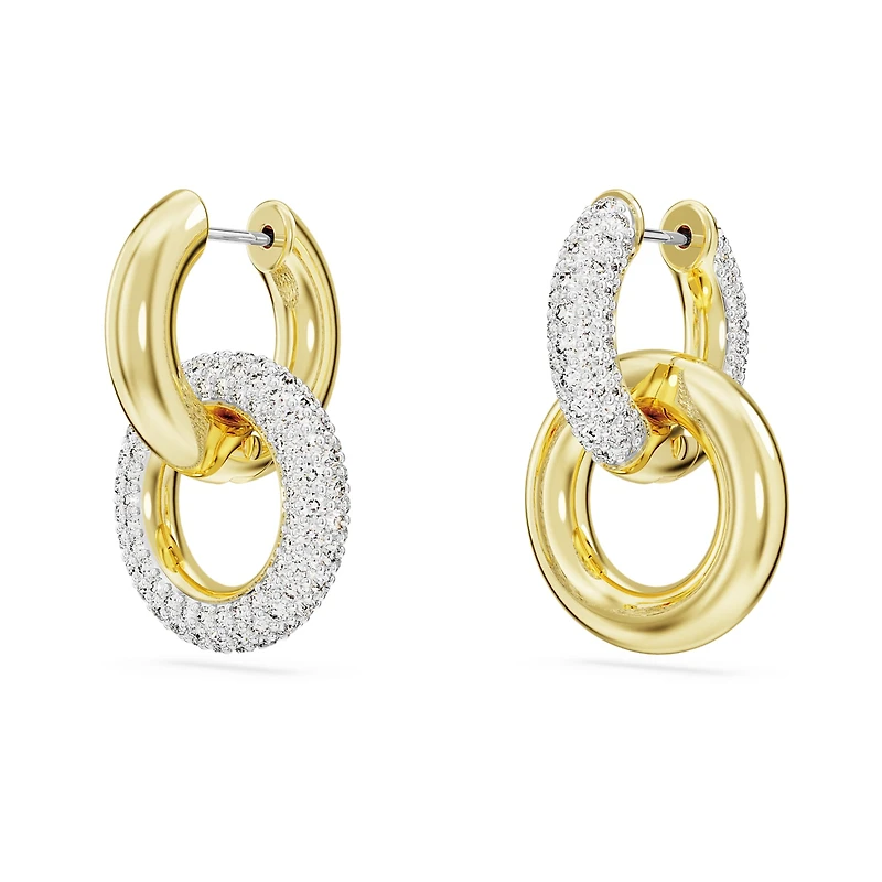 Dextera hoop earrings, Asymmetrical design, Interlocking loop, White, 18K gold finish