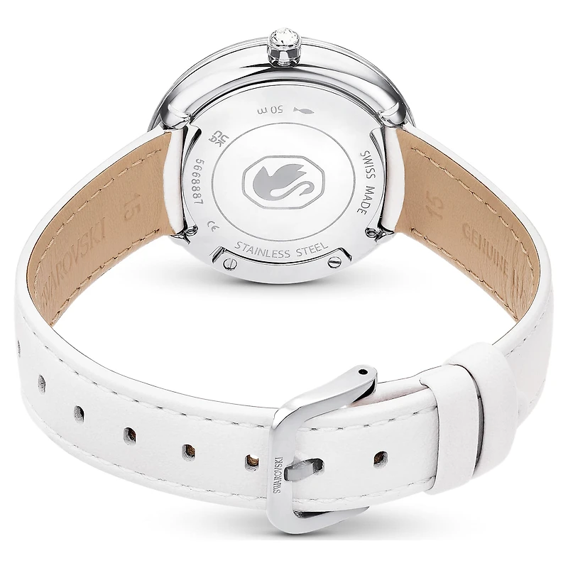 Crystalline lustre watch, Swiss Made, Leather strap, White, Stainless steel by SWAROVSKI