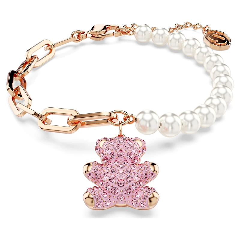 Teddy bracelet, Crystal pearl, Bear, Pink, 18K rose gold finish