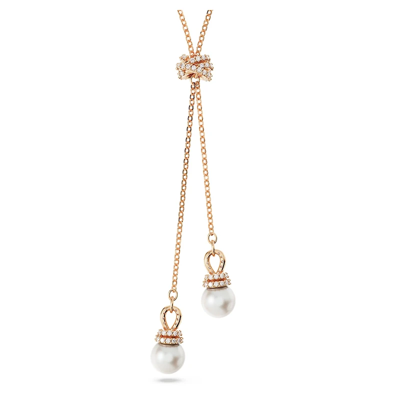 Originally Y pendant, Crystal pearl, White, 18K rose gold finish