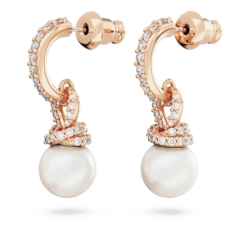 Originally drop earrings, Crystal pearl, White, 18K rose gold finish