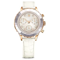 Octea chrono watch, Swiss Made, Leather strap, White, Rose gold-tone finish by SWAROVSKI