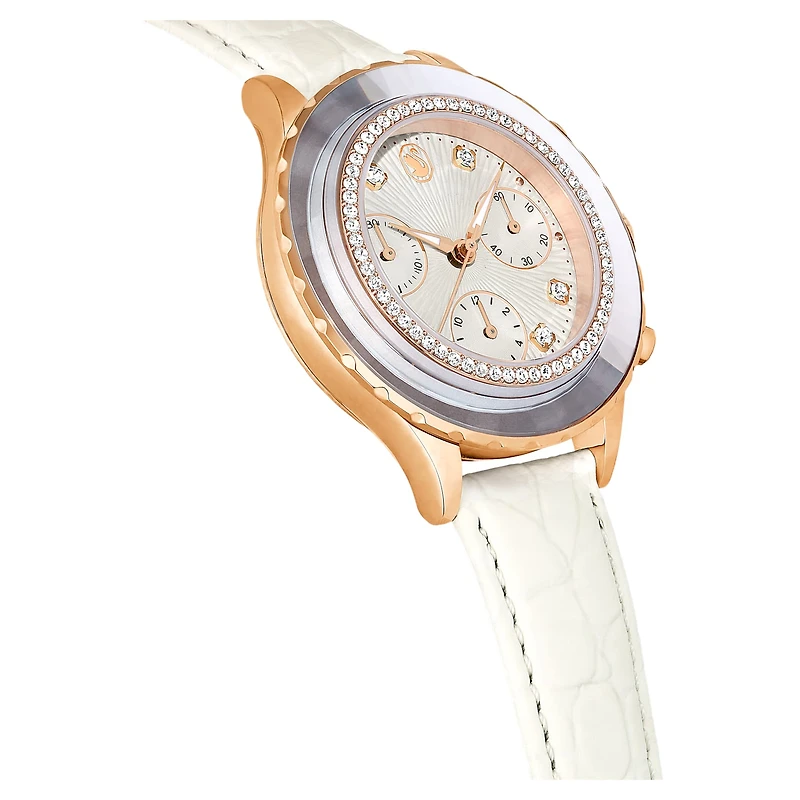 Octea chrono watch, Swiss Made, Leather strap, White, Rose gold-tone finish by SWAROVSKI