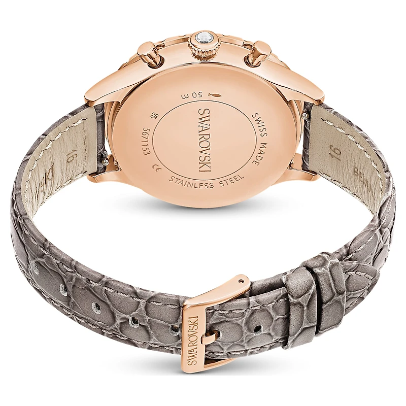 Octea chrono watch, Swiss Made, Leather strap, Gray, Rose gold-tone finish by SWAROVSKI