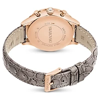 Octea chrono watch, Swiss Made, Leather strap, Grey, Rose gold-tone finish by SWAROVSKI