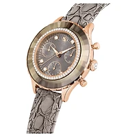 Octea chrono watch, Swiss Made, Leather strap, Grey, Rose gold-tone finish by SWAROVSKI