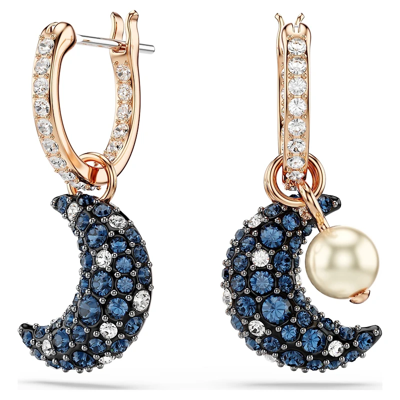 Sublima drop earrings, Crystal pearl, Asymmetrical design, Moon, Multicoloured, 18K rose gold finish
