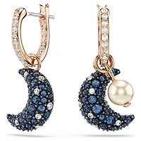 Sublima drop earrings, Crystal pearl, Asymmetrical design, Moon, Multicoloured, 18K rose gold finish