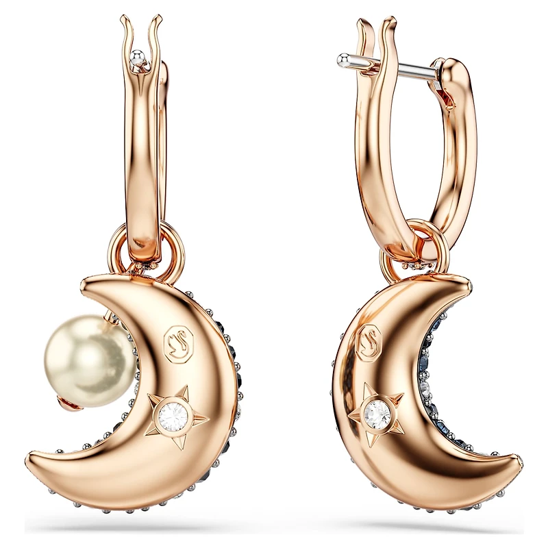 Sublima drop earrings, Crystal pearl, Asymmetrical design, Moon, Multicoloured, 18K rose gold finish
