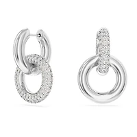 Dextera hoop earrings, Asymmetrical design, Interlocking loop, White, Rhodium plated by SWAROVSKI