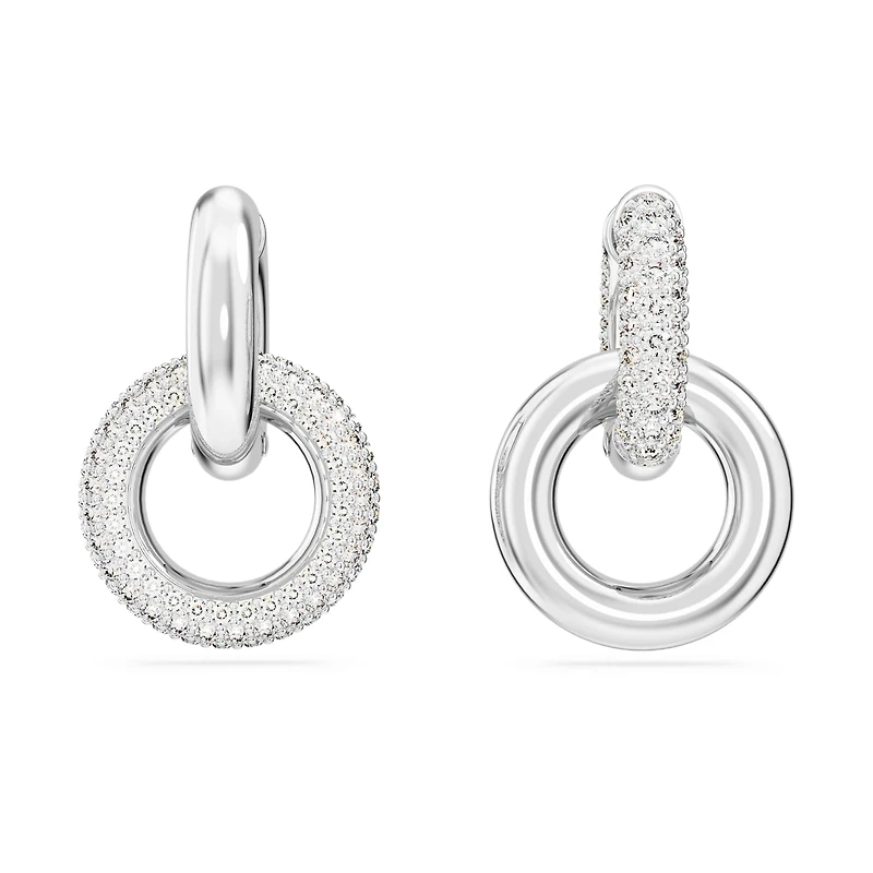 Dextera hoop earrings, Asymmetrical design, Interlocking loop, White, Rhodium plated by SWAROVSKI