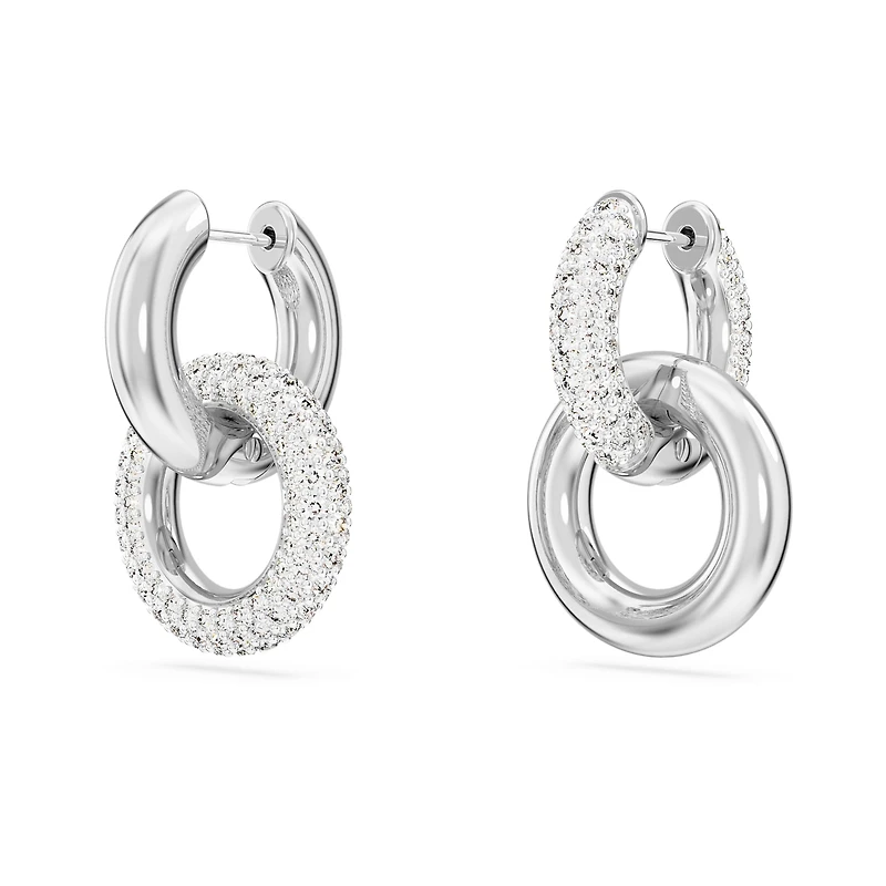Dextera hoop earrings, Asymmetrical design, Interlocking loop, White, Rhodium plated by SWAROVSKI