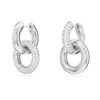 Dextera hoop earrings, Asymmetrical design, Interlocking loop, White, Rhodium plated by SWAROVSKI