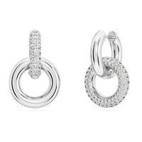 Dextera hoop earrings, Asymmetrical design, Interlocking loop, White, Rhodium plated by SWAROVSKI