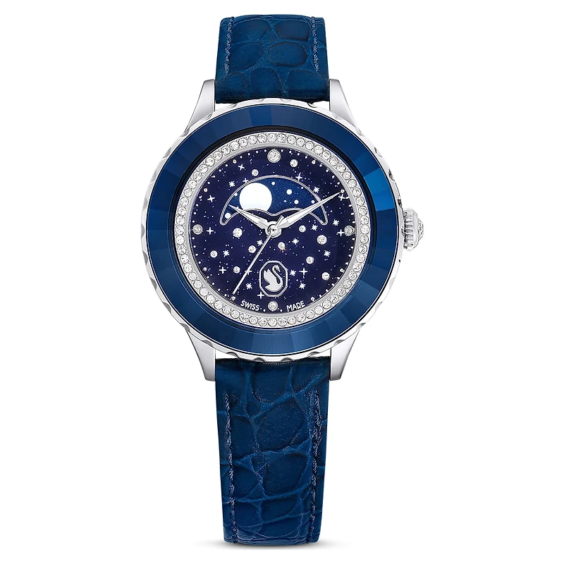 Octea moon watch, Swiss Made, Moon, Leather strap, Blue, Stainless steel by SWAROVSKI