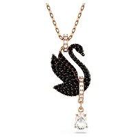 Swan pendant, Swan, Black, 18K rose gold finish