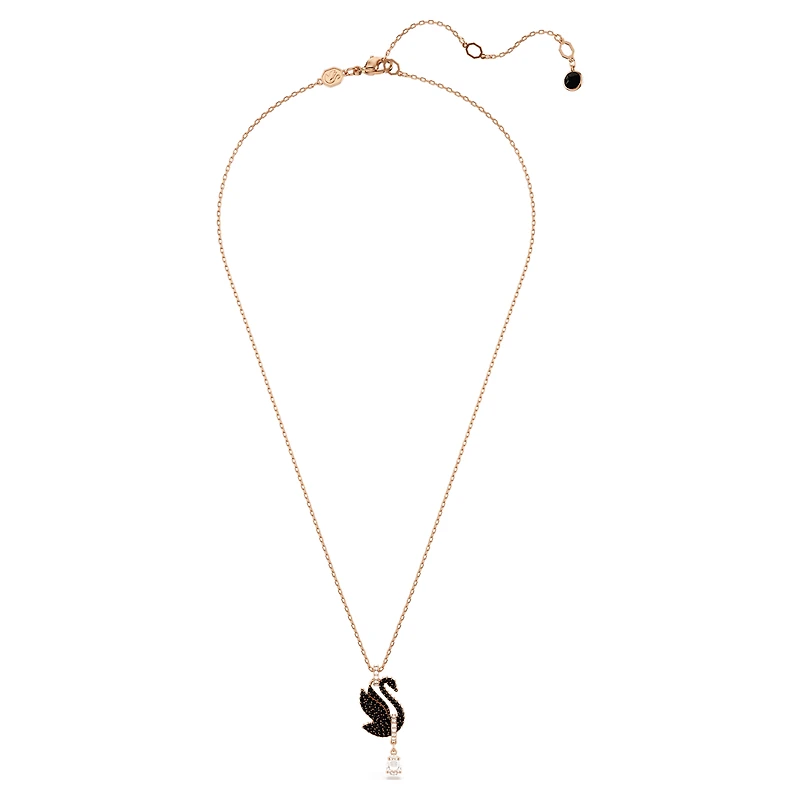 Swan pendant, Swan, Black, 18K rose gold finish