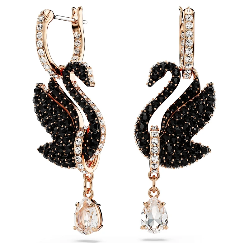 Swan drop earrings, Swan, Black, Rose gold-tone plated by SWAROVSKI