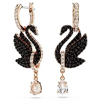 Swan drop earrings, Swan, Black, Rose gold-tone plated by SWAROVSKI