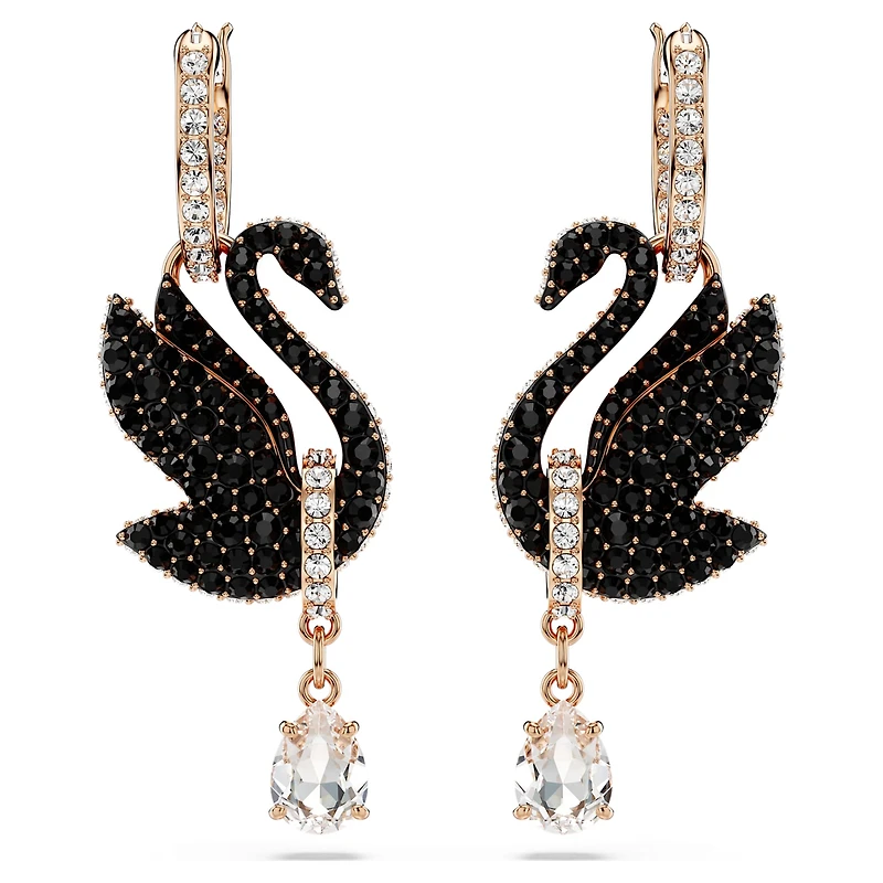 Swan drop earrings, Swan, Black, Rose gold-tone plated by SWAROVSKI