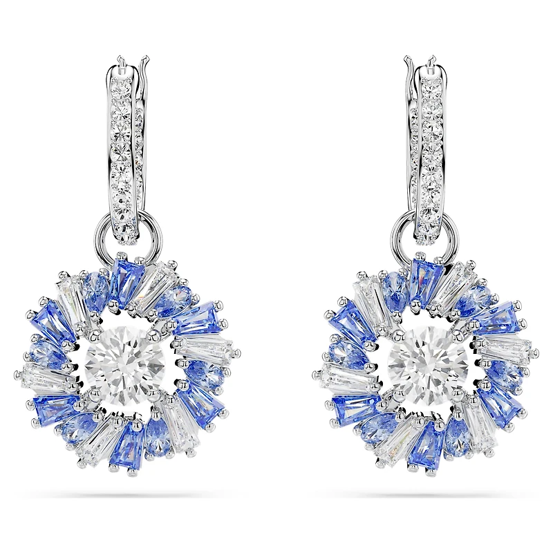 Idyllia drop earrings, Mixed cuts, Flower, Blue, Rhodium plated by SWAROVSKI