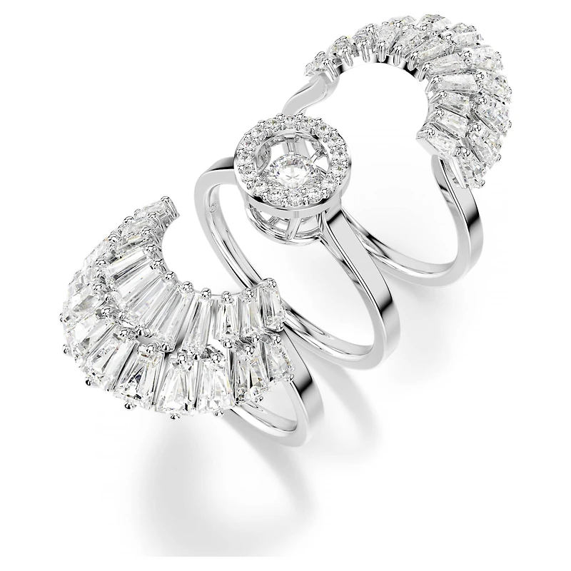 Idyllia ring, Set (3), Mixed cuts, Shell, White, Rhodium plated
