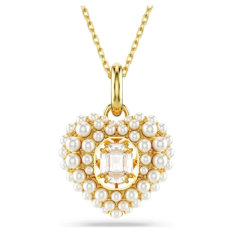 Idyllia pendant, Crystal pearl, Heart, White, 18K gold finish
