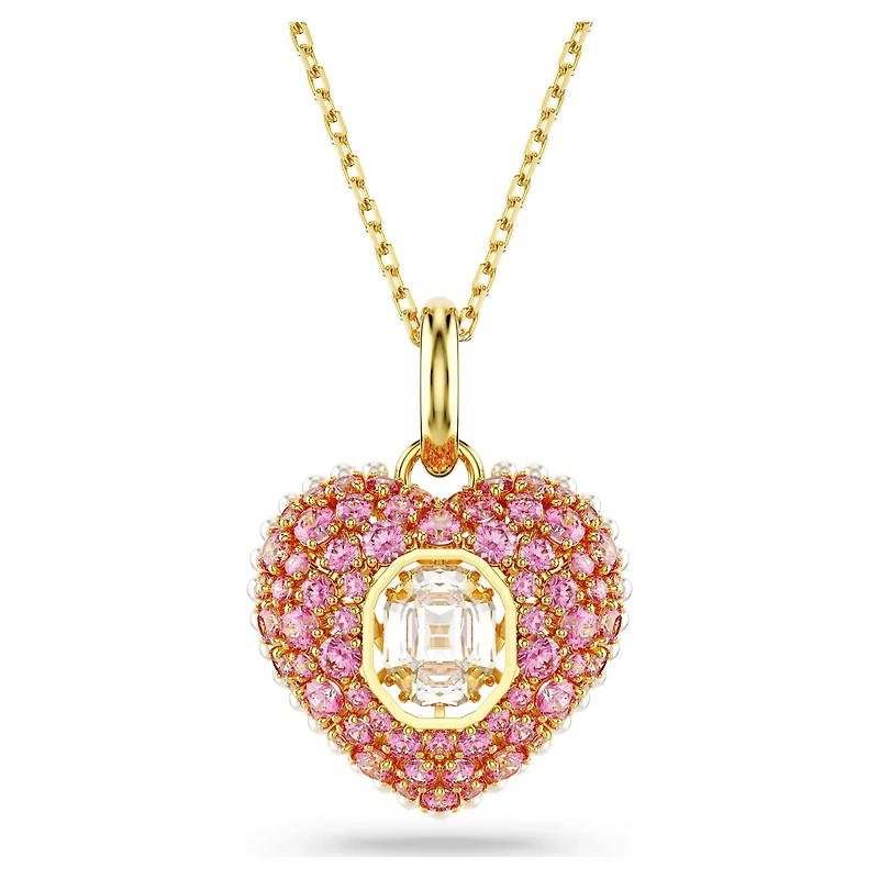 Idyllia pendant, Octagon cut, Crystal pearl, Heart, Pink, 18K gold finish