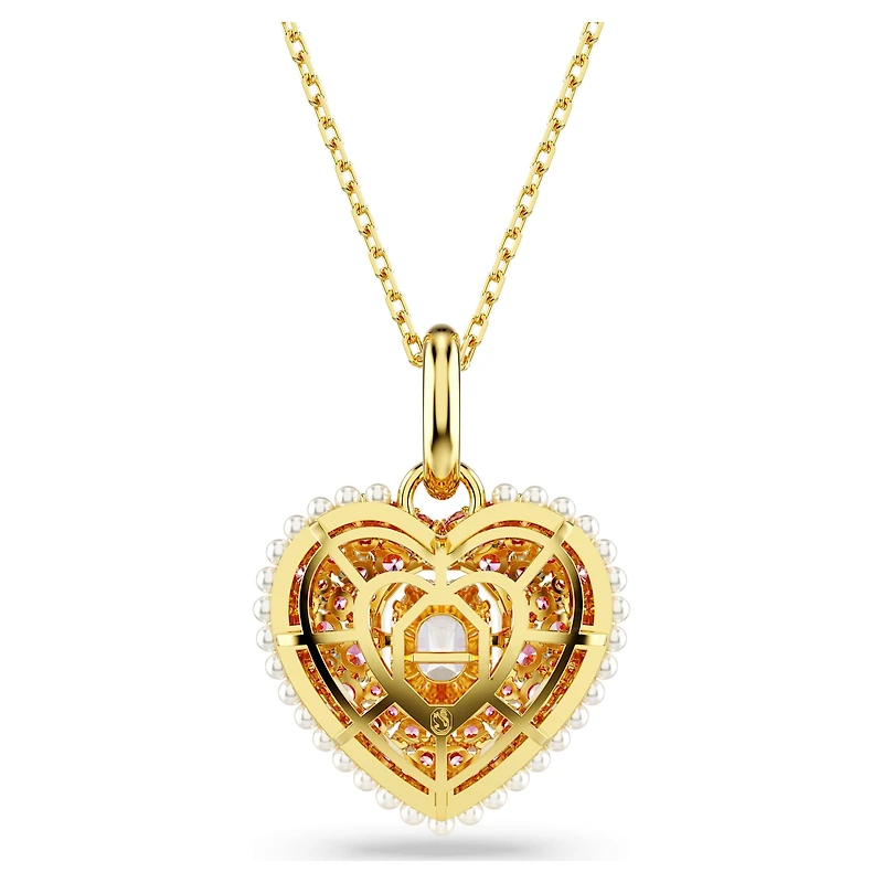 Idyllia pendant, Octagon cut, Crystal pearl, Heart, Pink, 18K gold finish