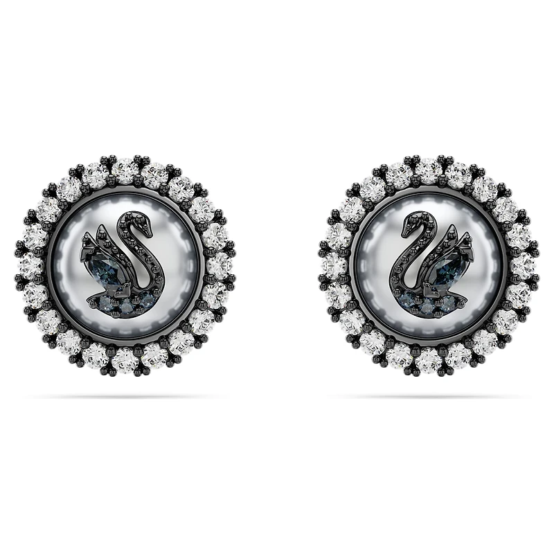 Swarovski Swan stud earrings, Crystal pearl, Swan, Grey, Ruthenium plated by SWAROVSKI