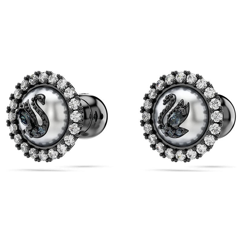 Swarovski Swan stud earrings, Crystal pearl, Swan, Gray, Ruthenium plated by SWAROVSKI