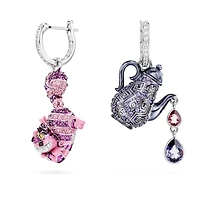 Alice in Wonderland drop earrings, Asymmetrical design, Cat and teapot, Multicolored, Rhodium plated by SWAROVSKI