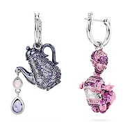Alice in Wonderland drop earrings, Asymmetrical design, Cat and teapot, Multicolored, Rhodium plated by SWAROVSKI