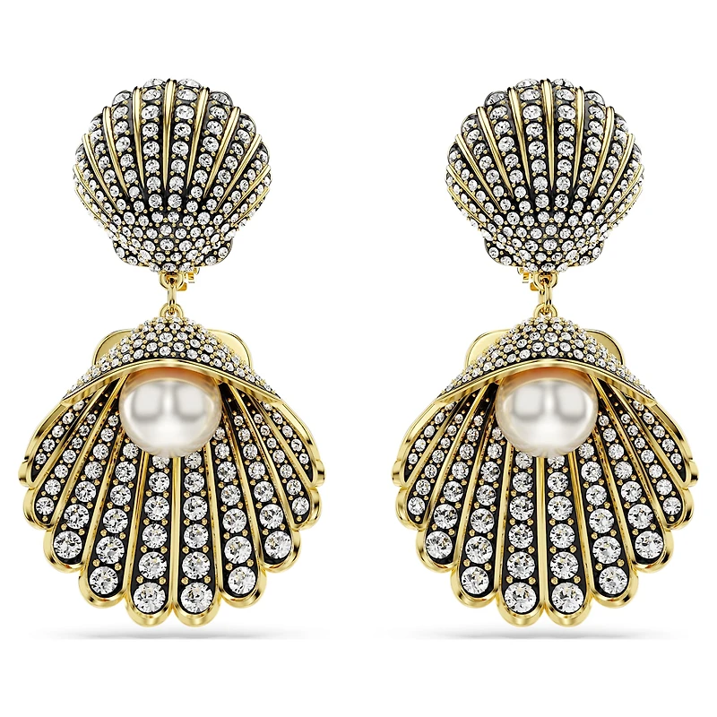 Idyllia clip earrings, Crystal pearl, Shell, White, Gold-tone plated by SWAROVSKI