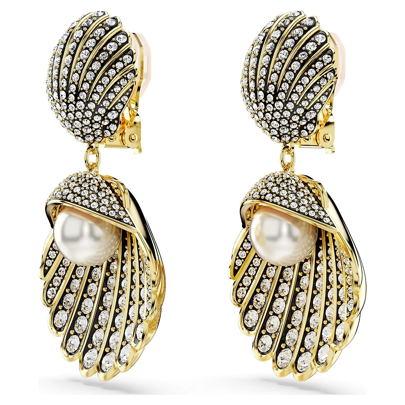 Idyllia clip earrings, Crystal pearl, Shell, White, Gold-tone plated by SWAROVSKI