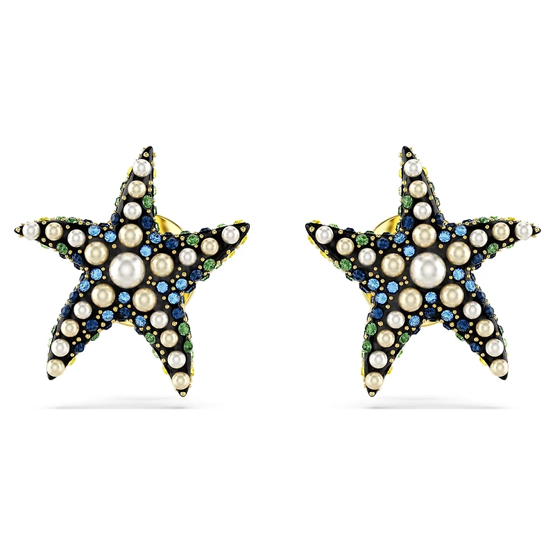 Idyllia stud earrings, Crystal pearl, Starfish, Small, Multicoloured, 18K gold finish