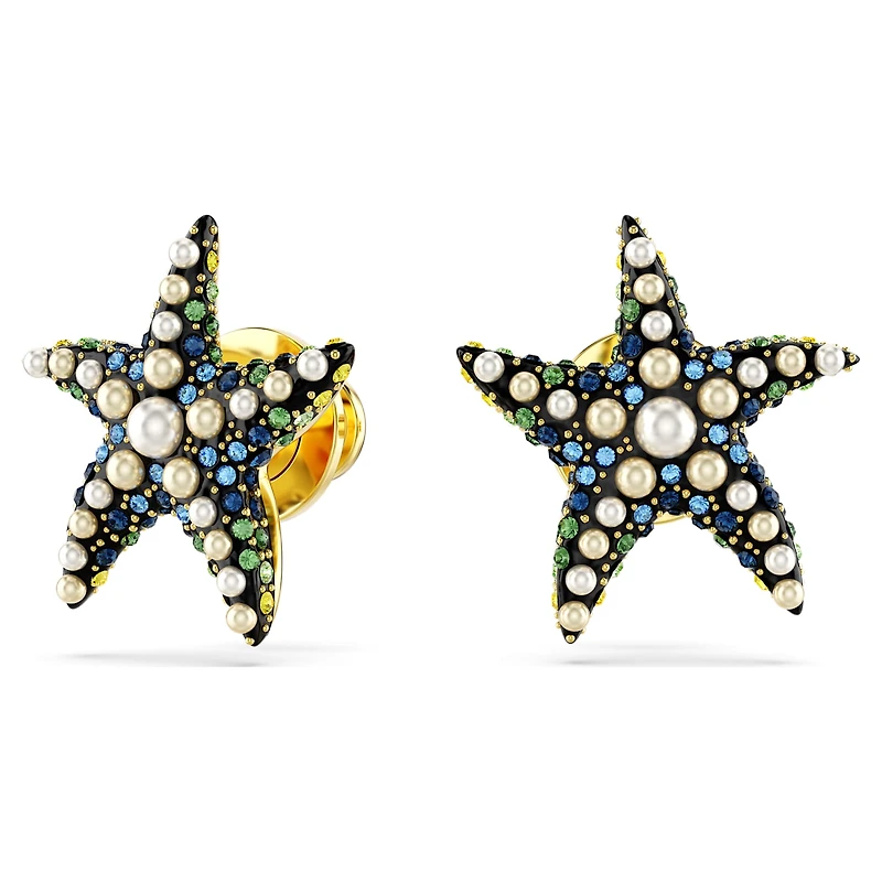 Idyllia stud earrings, Crystal pearl, Starfish, Small, Multicoloured, 18K gold finish