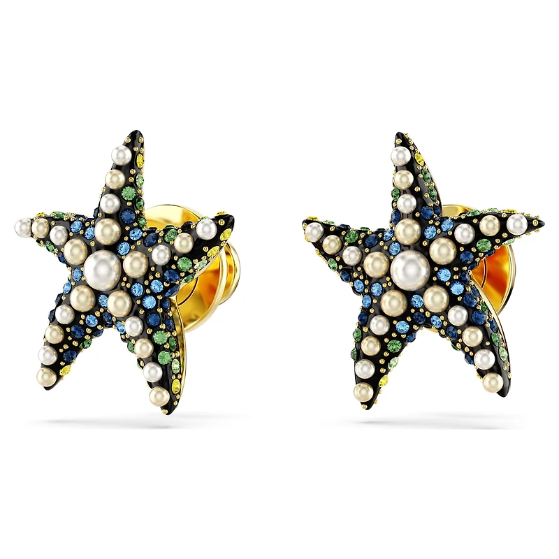 Idyllia stud earrings, Crystal pearl, Starfish, Small, Multicoloured, 18K gold finish
