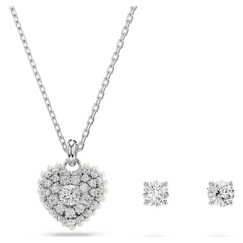Idyllia set, Crystal pearl, Heart, White, Rhodium plated by SWAROVSKI