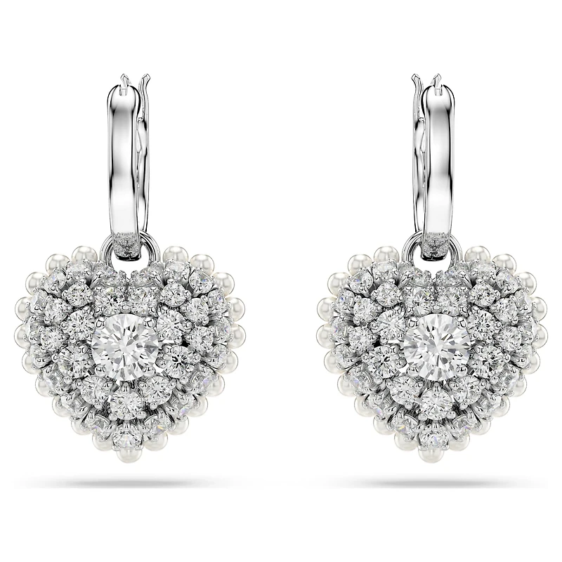 Idyllia drop earrings, Crystal pearl, Heart, White, Rhodium plated by SWAROVSKI