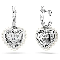 Idyllia drop earrings, Crystal pearl, Heart, White, Rhodium plated by SWAROVSKI