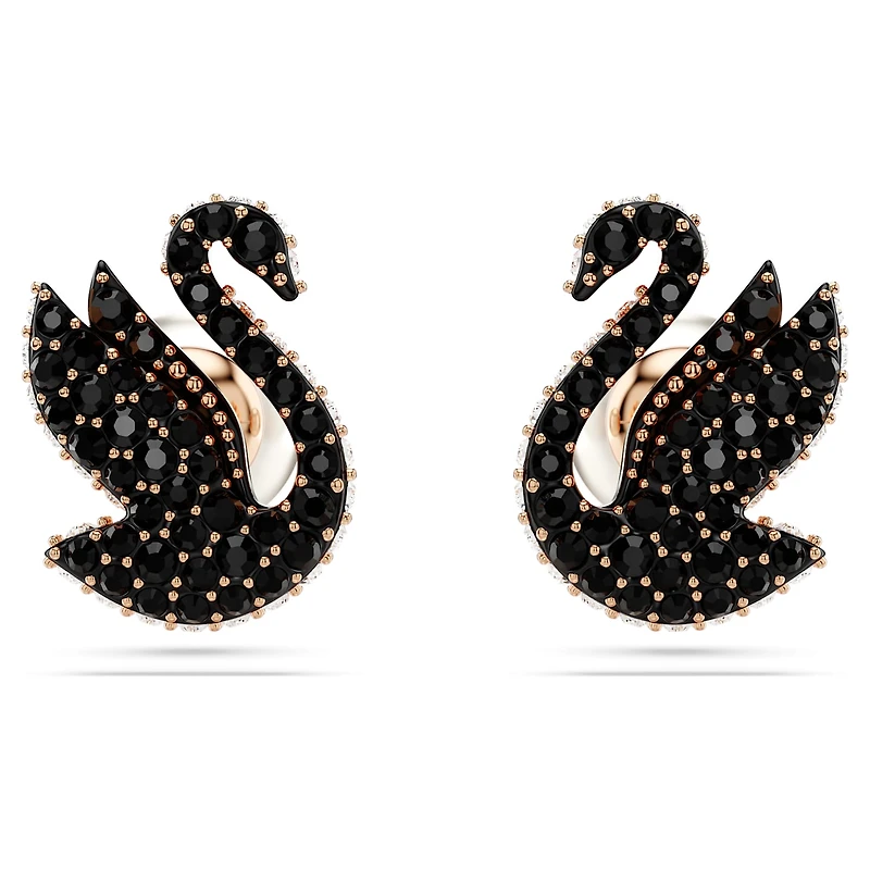 Swan stud earrings, Crystal pearl, Swan, Black, Rose gold-tone plated by SWAROVSKI
