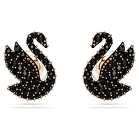 Swan stud earrings, Crystal pearl, Swan, Black, Rose gold-tone plated by SWAROVSKI