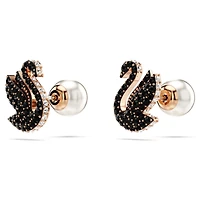 Swan stud earrings, Crystal pearl, Swan, Black, Rose gold-tone plated by SWAROVSKI
