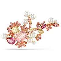Gema brooch, Crystal pearl, Mixed cuts, Flower, Pink, 18K gold finish