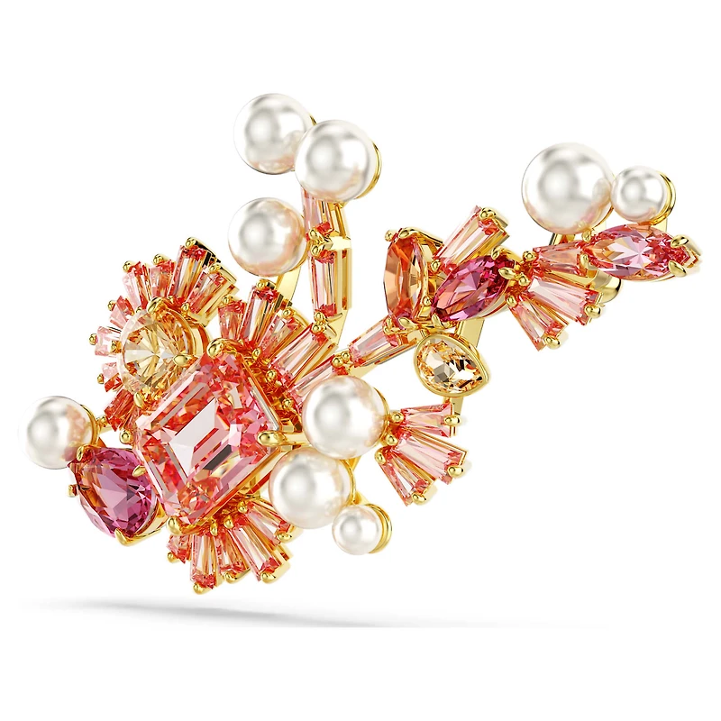Gema brooch, Crystal pearl, Mixed cuts, Flower, Pink, 18K gold finish