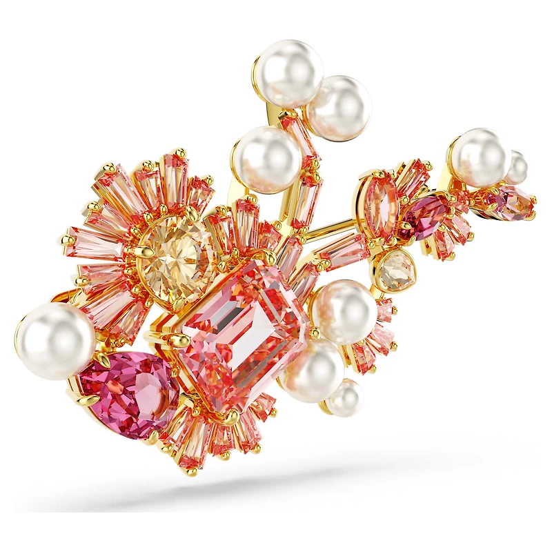 Gema brooch, Crystal pearl, Mixed cuts, Flower, Pink, 18K gold finish
