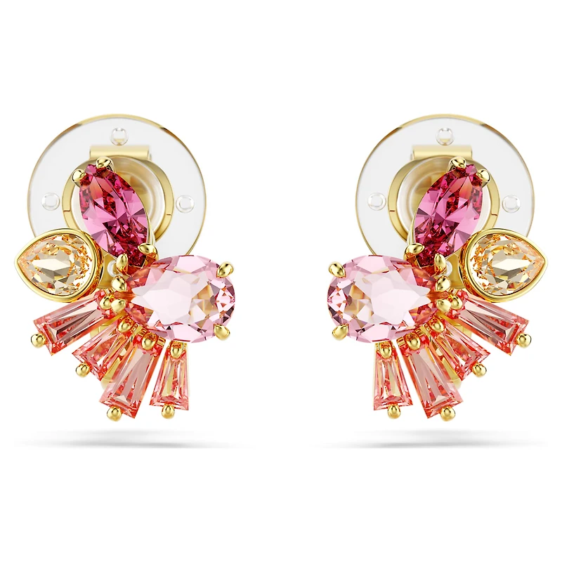 Gema clip earrings, Mixed cuts, Flower, Pink, Gold-tone plated by SWAROVSKI