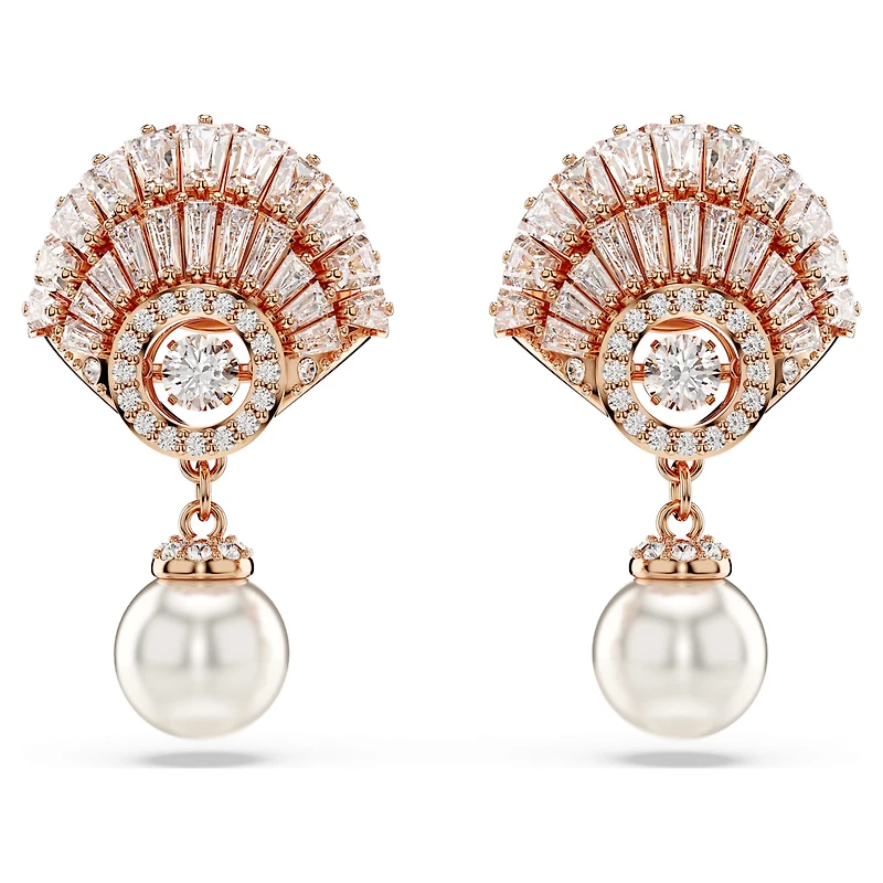 Idyllia drop earrings, Crystal pearl, Shell, White, 18K rose gold finish