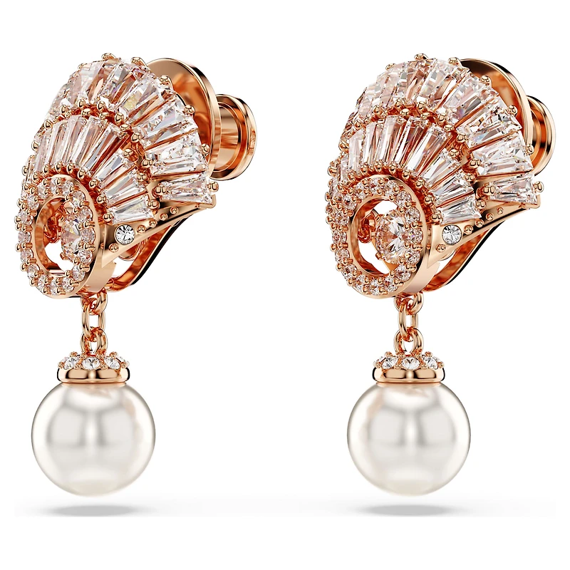 Idyllia drop earrings, Crystal pearl, Shell, White, Rose gold-tone plated by SWAROVSKI